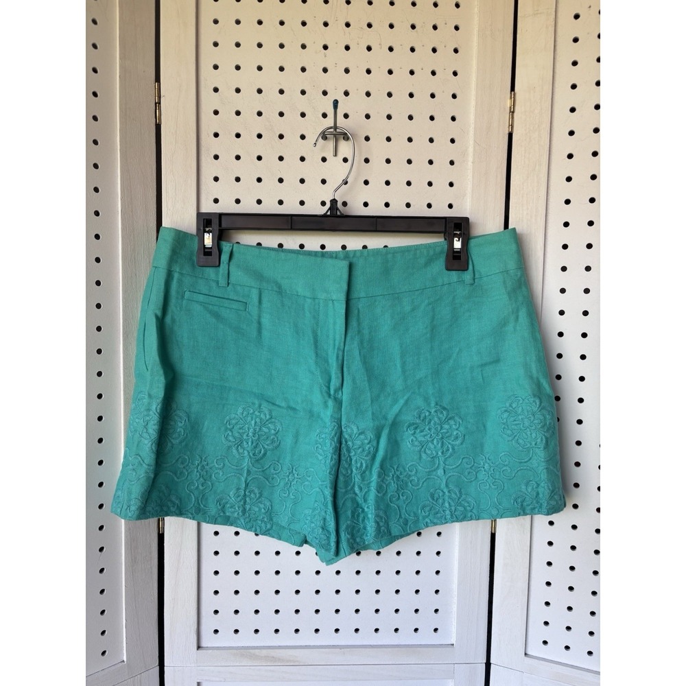 LOFT Women's 6 Shorts 100% Linen Turquoise Green Embroidered Floral